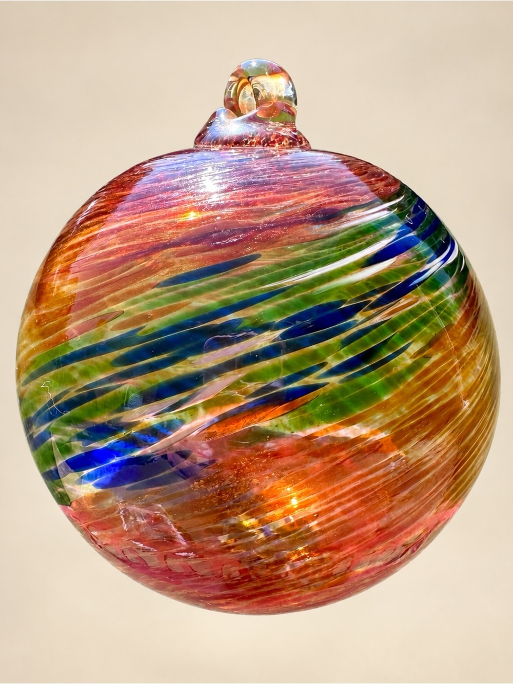Large 5” Blown Art Glass Witch/Friendship Ball Amber Blue Green Hanging Orb